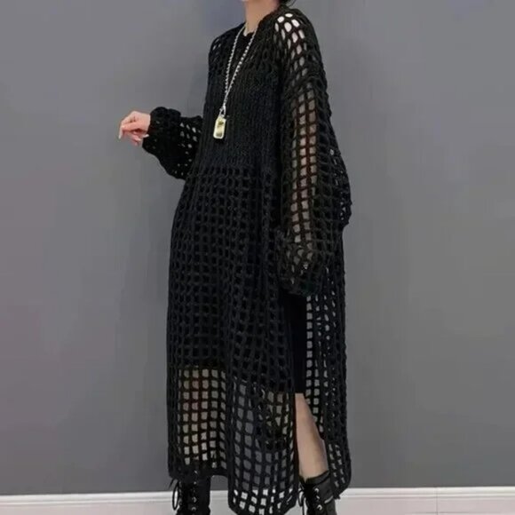 Open Knit Hollow Long Sweater Dress - Picture 2 of 12